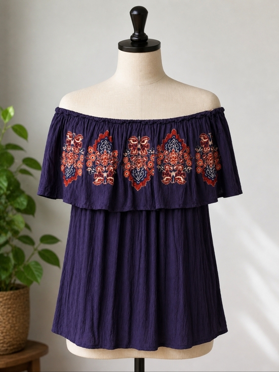 Judith March Tops - Judith March Off Shoulder Embroidered Boho Top Purple Floral Peasant Blouse Size